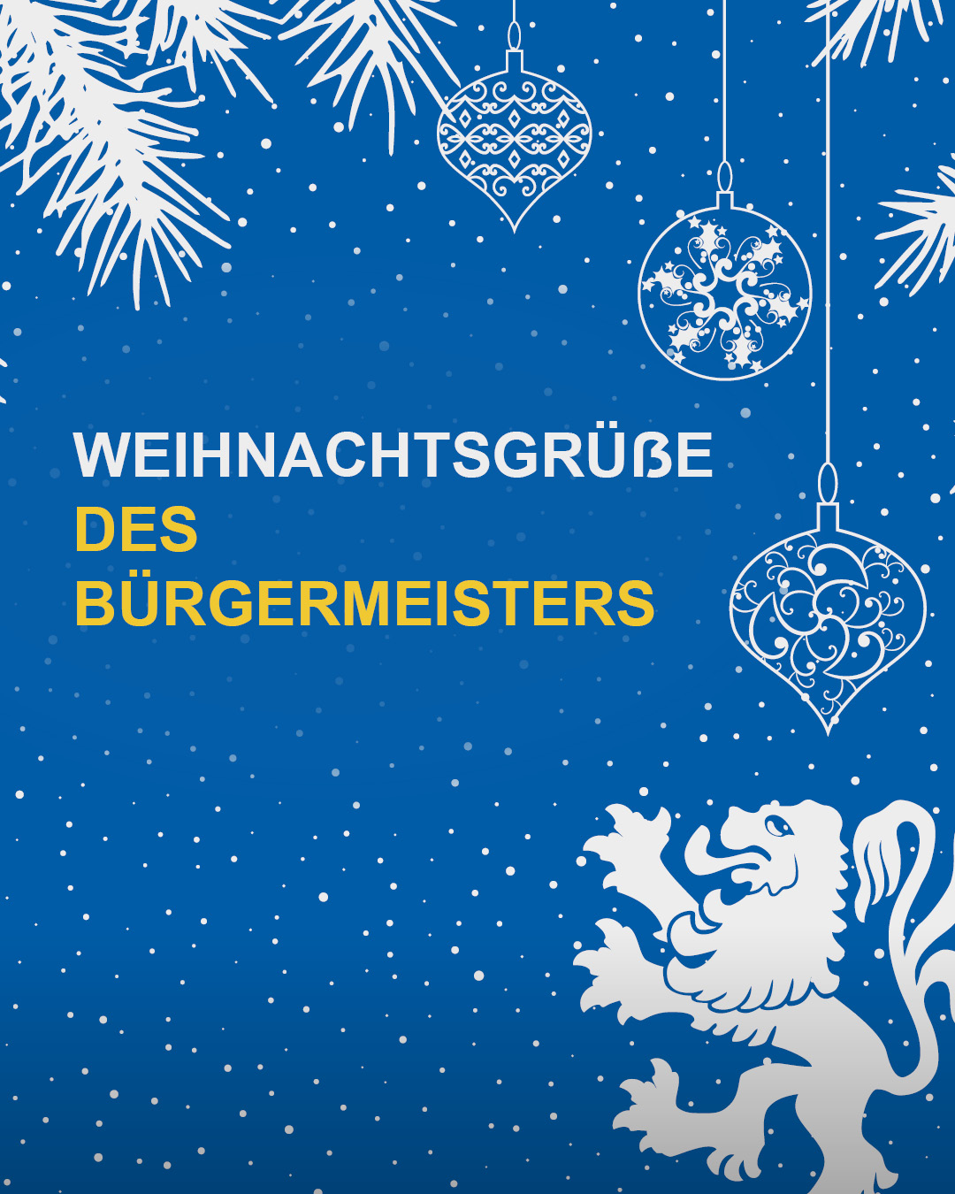 Tannenzweige und Christbaumkugeln umrahmen die Worte 