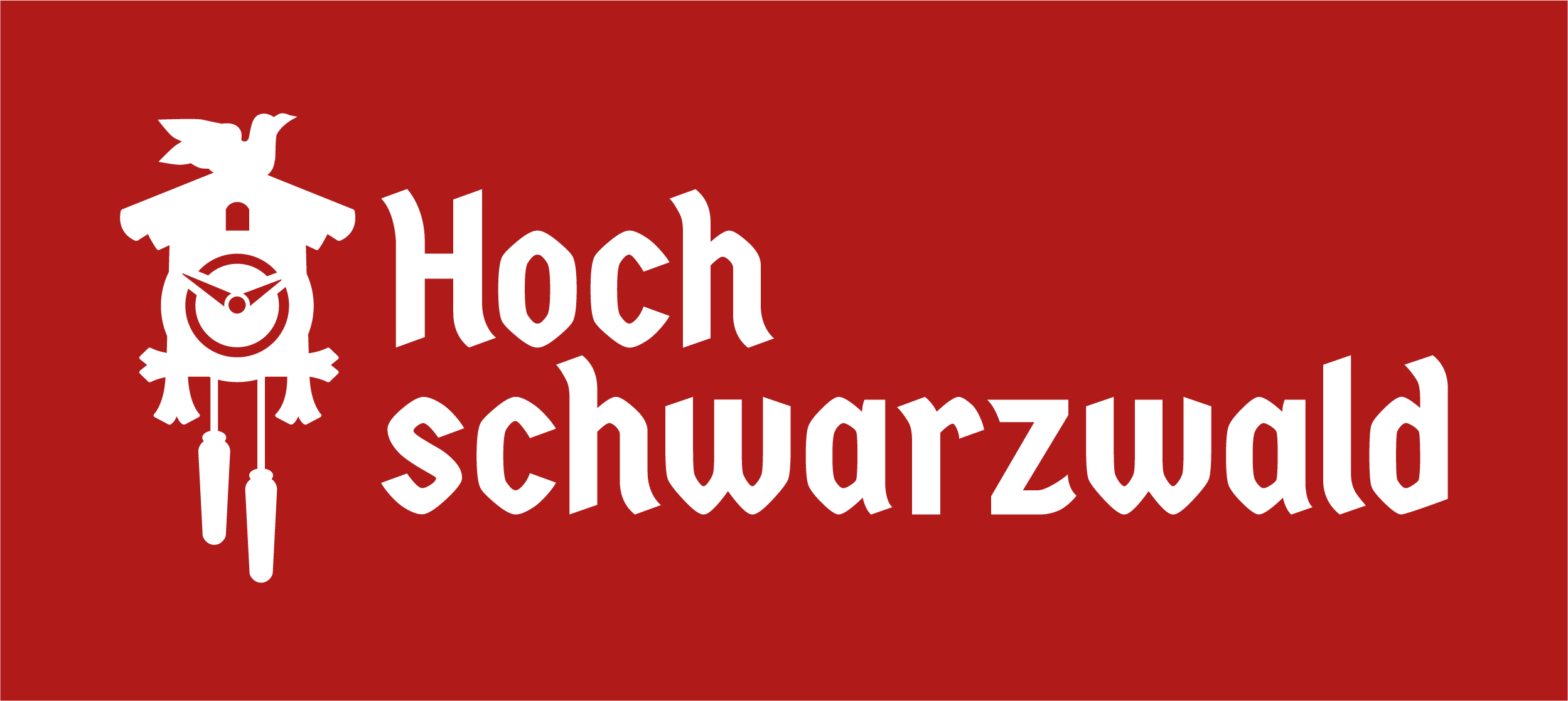 Logo der HochschwarzwaldTourismus GmbH. Weißer Schriftzug auf rotem Grund mti stilisierter Kuckucksuhr auf der linken Seite.