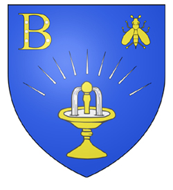 Wappen der Partnerstadt Bains-les-Bains mit blauem Hintergrund, Springbrunnen einem B rechts oben und einer Biene links oben